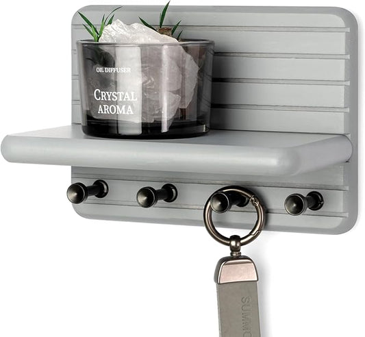 Rebee Vision Small Key Holder Wall Mount – Decorative 7-inch Pine Wooden Key Holder for Wall with 4 Hooks & Floating Shelf - Apartment Essentials for Neat and Chic Home Organization (Gray)
