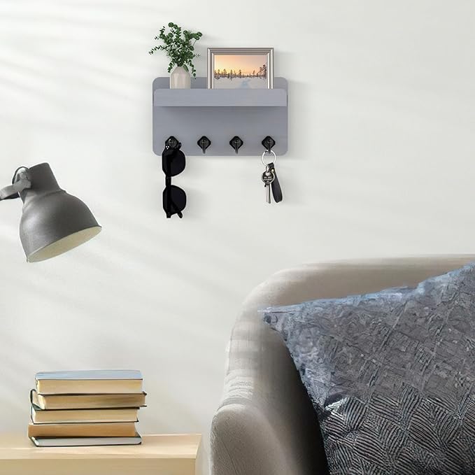 Nekon Key Holder Wall Mount, 8.5 Inch Small Home Decor Wooden Wall Organizer with 4 Hooks and Shelf, Key and Mail Holder for Living Room Entryway Kitchen (Gray)