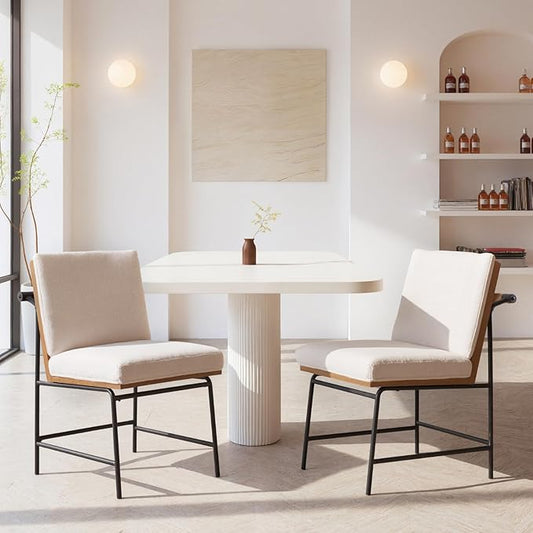 Modern Dining Chairs Set of 2, Comfy Sherpa Fabric Armless Upholstered Side Chairs with Wooden Backrest Black Metal Legs for Dining Room Living Room, White