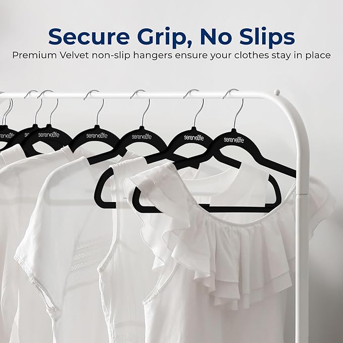 SereneLife Velvet Hangers 100 Pack Black – Slim Non-Slip Clothes Hangers with Chrome 360° Swivel Hook, Durable 10 lbs Capacity, Ultra-Thin Space Saving Hangers for Closet Organization
