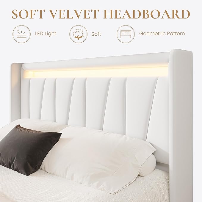 SHA CERLIN Queen Bed Frame with Charging Station and LED Lights, Modern Velvet Platform Bed with Upholstered Geometric Wingback Headboard, No Box Spring Needed, Easy Assembly, White