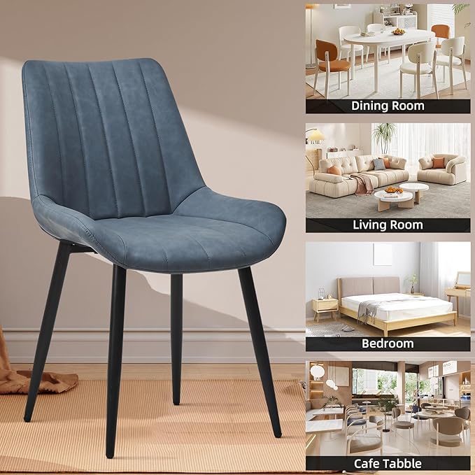 Dining Chairs Set of 2, Faux Leather Modern Linear Design Dining Chair with Metal Legs, 16.9" Seat Width Chair for Kitchen, Lounge, Reception Room, Restaurant, Commercial (Haze Blue)