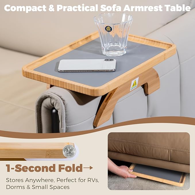 Couch Armrest Table, Foldable Bamboo Sofa Arm Tray for Couch with a Non-Slip Pad, Clip On Couch Arm Table for Remotes/Eatting/Drinks, Fits Sofa Armrest 3.5"-13.5" Natural