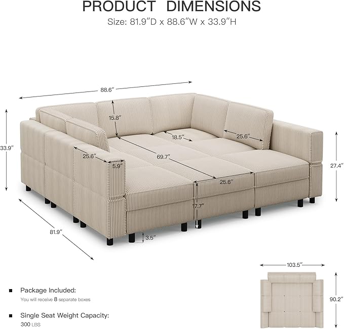 88.6" 9 Seat Modular Sectional Sofa with Deep Storage Seat,Corduroy Comfy Sectional Couch Convertible Modular Sleeper Sofa Couch with Movable Ottoman,Upholstered Couches for Living Room,Beige