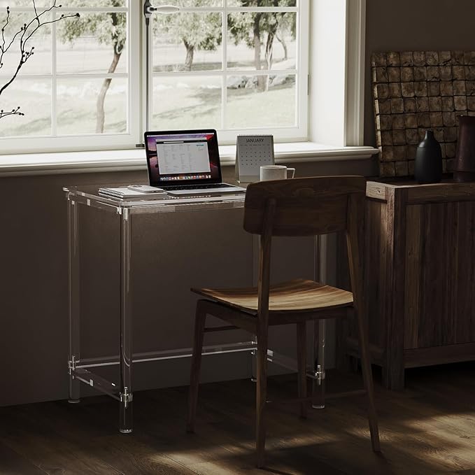 HMYHUM Acrylic Computer Desk, 32 Inch Clear Office Desk for Small Spaces, Study, Writing, Vanity Table with Cylindrical Legs, Modern, Easy Assembly