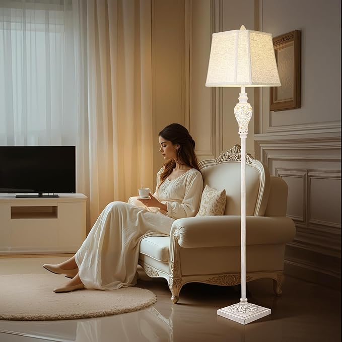 Floor Lamp for Living Room, Vintage Standing Lamp with Nightlight, 65" Tall Lamp with White Linen Shade, Farmhouse Rustic Floor Lamp for Bedroom, Office, Corner (LED Bulb Included)