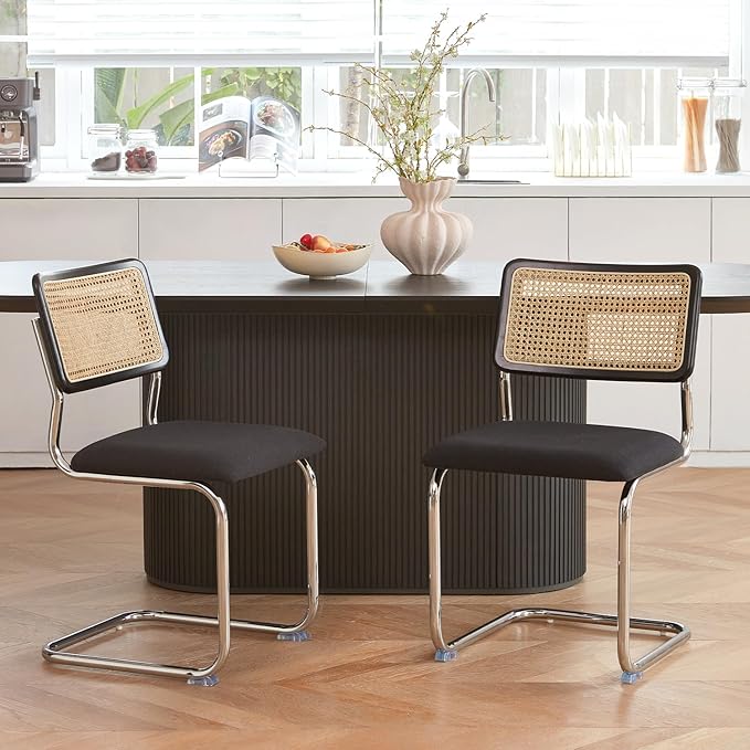 Black Chrome Rattan Dining Chairs Set of 4,Wooden Mid-Century Modern Kitchen Chairs, Mesh Back Cane Dining Room Chair, Cesca Design Chairs with Metal Chrome Legs