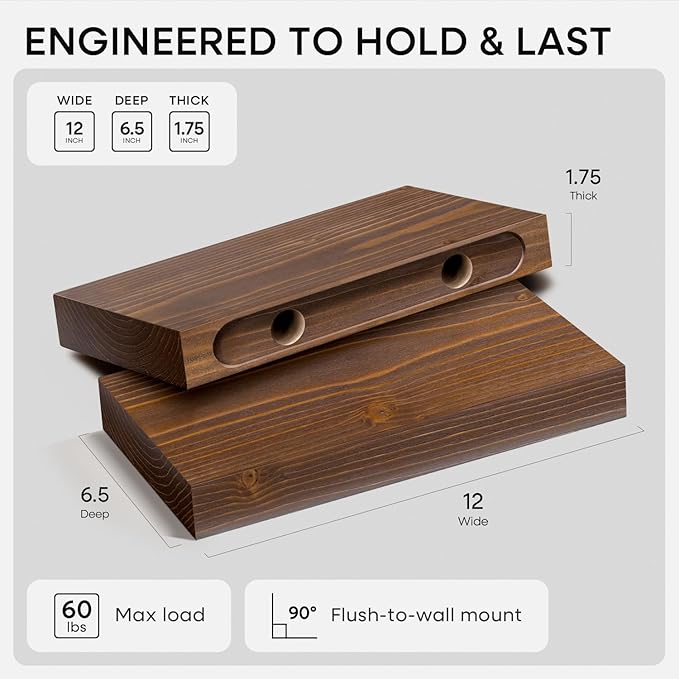 Homeforia Classic Walnut 12 inch Floating Shelf, High End Solid Real Wood Small 12inch Floating Shelves for Wall Mounted, 12in Floating Shelves, Heavy Duty Bracket, 12 X 6.5 X 1.75 inches, Set of 3