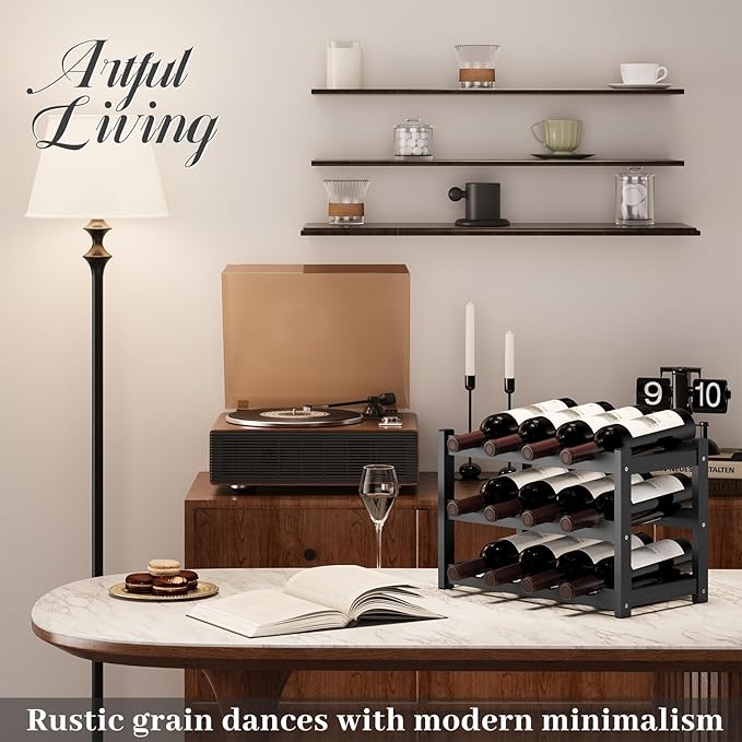 Wine Rack，Bamboo Wine Storage Cabinet Shelf，Countertop Wine Shelf- Freestanding Wine Holder for Kitchen & Pantry (Black, 3-Tier)