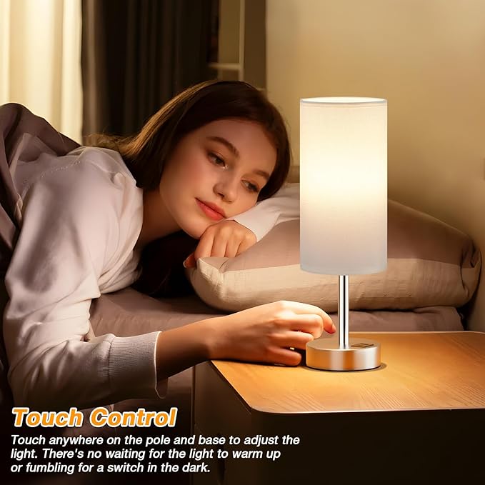 Dicoool White Touch Bedside Lamp with USB - 3 Way Dimmable Table Lamp for Bedroom, Nightstand Lamp with Nickel Charging Station and Silver LampHolder for Dorm Kids Room, Small
