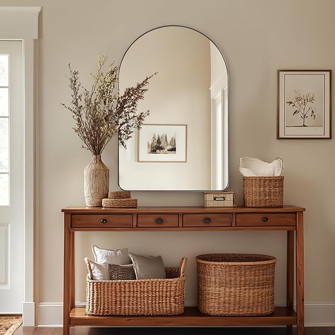 ANDY STAR Arched Mirror, 24" x 38" Brushed Nickle Bathroom Mirror in Stainless Steel Metal Frame, Arch Top Rounded Corner 1" Deep Set Design Wall Mount Hangs Vertical