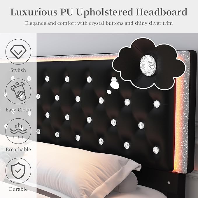 King Led Bed Frame with 2 Drawers, Modern Heavy Duty Upholstered Platform King Size Bed Frames with Crystal Button Tufted Headboard, Solid Slats, Noise Free, No Box Spring Needed, PU Black