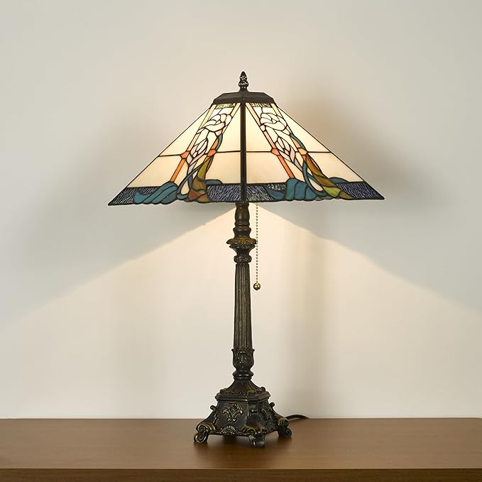 Tiffany Table Lamps Milky White Stained Glass Bugle Flowers Style Mission Desk Lamp 12X12X24 Inch Bronze Resin Base