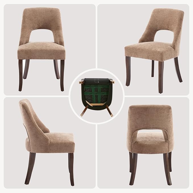 UVV Wooden Dining Chairs Set of 2, Mid Century Modern Upholstered Dining Room Chair Kitchen Chairs, Chenille Dinner Chair with Solid Wood Legs for Kitchen Dining Room, Khaki-Chenille