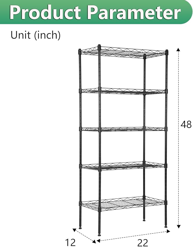 BestOffice | 5-Tier Wire Storage Shelves | 22x12x48 | Black | with Adjustable Racks | Heavy-Duty Metal Shelf, Holds Upto 750 lbs | No-Tool Assembly | Ideal for Home & Garage Shelving