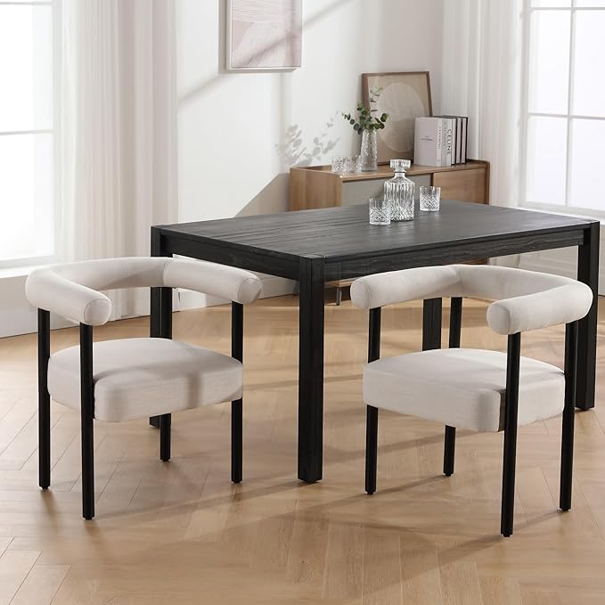 Mid-Century Modern Dining Chairs Set of 2, Armrest Barrel Dining Chairs Side Accent Chairs with Curved Back, Upholstered Wood Armchairs for Kitchen, Linen Beige