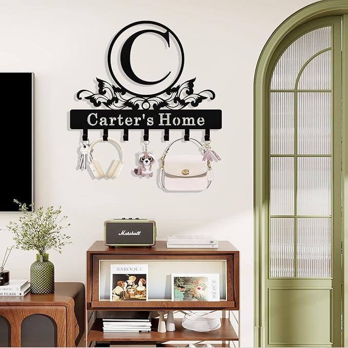 Personalized Monogram Key Holder Wall Mount, Custom Initial Name Metal Key Holder for Wall, Custom Keys Rack Hanger with Hooks for Entryway, Front Door, Hallway, Living Room, Kitchen