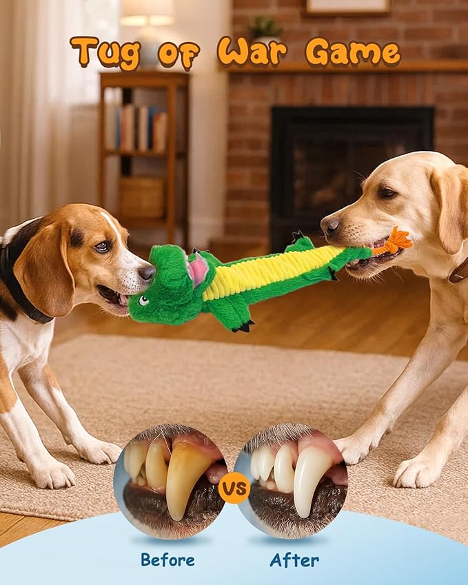 Swooflia Dog Rope Toy - Interactive Cute Dinosaur Squeaky Plush Toys No Stuffing, Teeth Cleaning for Small Medium and Large Dogs, Durable Puppy Tug of War Chew Toy for Training and Play