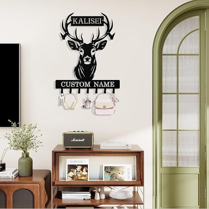Personalized Deer Head Key Holder Wall Mount, Custom Metal Keys Hanger for Wall with Name, Custom Key Rack Holder with Hooks for Entryway, Front Door, Hallway, Living Room, Kitchen