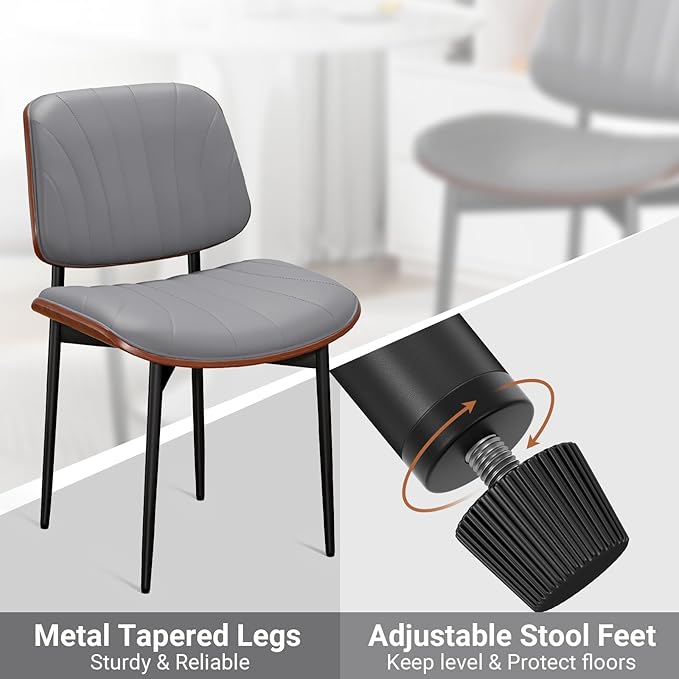 Dining Chairs Set of 4, Mid-Century Modern Upholstered PU Leather Chairs with Walnut Back and Metal Legs Adjustable Feet for Kitchen Dining Room, Dark Gray Shell Strips