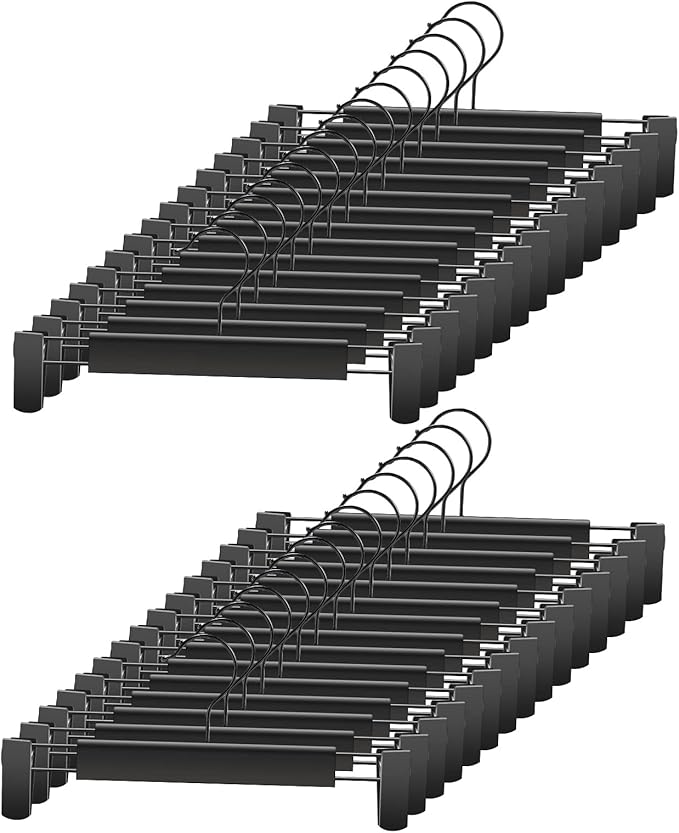 Clothes Pants Hangers, Space-Saving Skirt Holders with 360 ° Swivel Hooks, Adjustable Clips, Trouser Hangers, Clothes Coat Garment Jeans Hangers (30 Pack, Black)