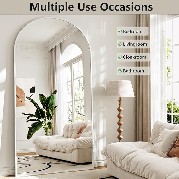Mirror Full Length, 78"x35" Oversized Arched Floor Full Length Mirror with Stand, Room Decor Big Full Body Floor Mirror with HD Tempered Glass Aluminum Frame for Bedroom Living Room, White