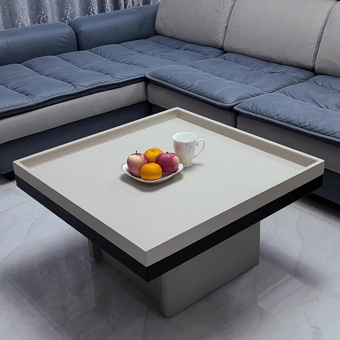 25 * 25 inches Luxury Leather Square Oversized Service Tray, Ottoman & Coffee Tray for Family Dinner, Out-of-House Picnic & Party (25 inch Beige)