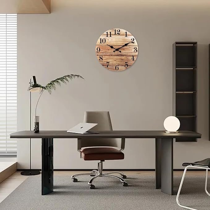 XNM Round Wood Wall Clock for Kitchen 12 Inch Farmhouse Small Wall Clocks Battery Operated Brown Wall Clock Silent (MDF No Solid Wood)