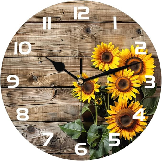 Retro Wooden Sunflower Wall Clock Battery Operated 10 in Round Wall Clocks Slilent Non Ticking Quartz Analog Clock for Bedroom Kids Living Room Classroom Decor