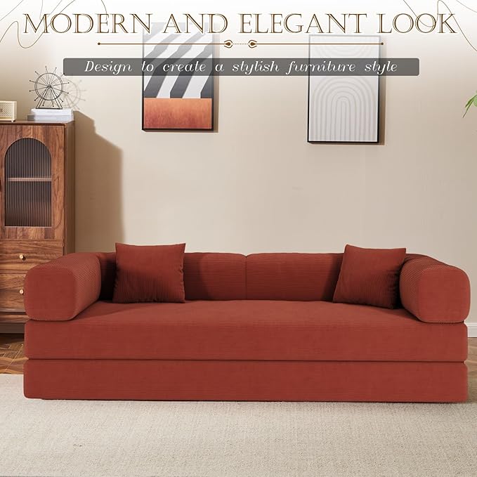 Antetek Convertible Futon Sofa Bed, 3-Seater Modern Corduroy Foam Floor King Size Bed Fold Out Sleeper Lounge Loveseat Sofa Couch with 2 Throw Pillows for Living Room Bedroom Guest Room, Tangerine