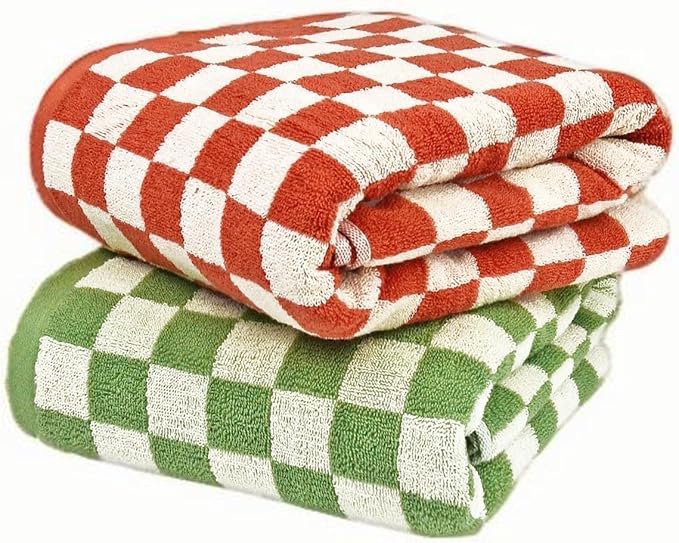 Checkered Bath Sheet(2 Pack),Oversized Bath Towel, 27.5x55 Inches, Quick Dry,100% Luxury Cotton, Super Soft & Absorbent (Green-Red Checkered, Large)