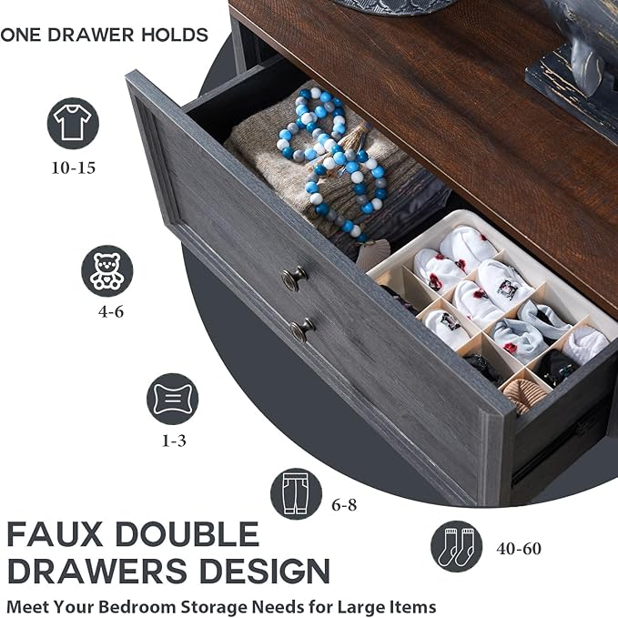 Farmhouse 6 Drawers Dresser for Bedroom, 58" Wide Dresser Chest of Drawers Organizer Storage, Wood Rustic for Closet w/Two Different Drawer Sizes for Living Room, Hallway, Dark Grey