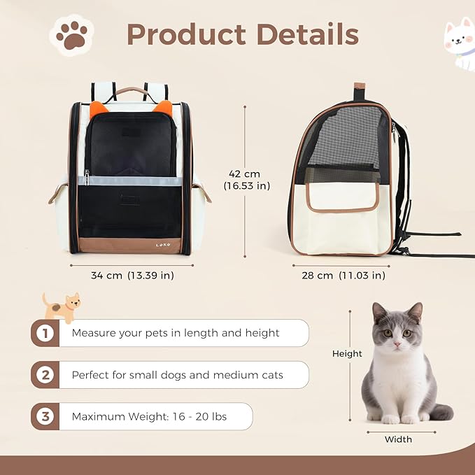 Lekereise Cat Backpack Carrier, Pet Carrier Backpack Airline Approved for Small Dogs Medium Cats Fit Up to 18 Lbs, Dogs Foldable Backpack Carrier for Travel, Hiking, Beige-Orange Ears