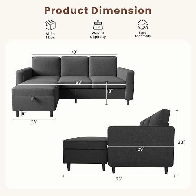 Sectional Couches for Living Room - Deep Seater Couch Living Room-Comfy L Shape Modular Sofa,with Storage Chaise-Washable Covers-Suitable for Living Rooms,Apartments,Rooms and Offices-Dark Gray