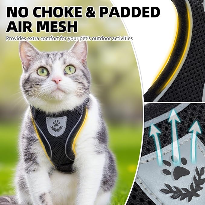 PUPTECK Cat Harness and Leash Set Escape Proof Reflective Cat Walking Harness Adjustable Soft Breathable Mesh Vest for Small Pets, Black, S