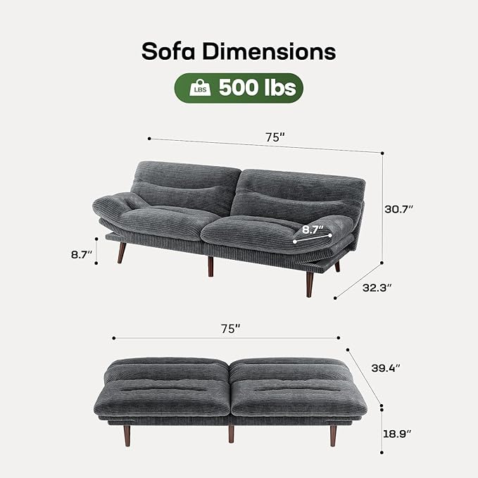 Marsail 75" Futon Sofa Bed, Futon Couch with Adjustable Backrest & Armrests, Convertible Sleeper Sofa Bed for Apartment, Living Room, Office, Corduroy Loveseat, Dark Grey