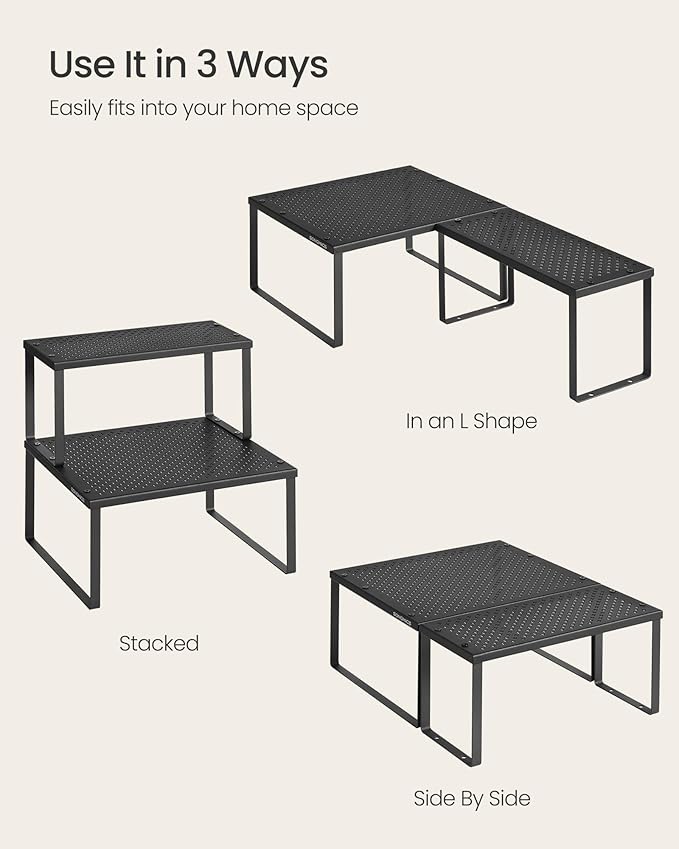 SONGMICS Spice Racks, Set of 2 Metal Cabinet Shelf Organizers, Countertop Organizers, Shelf Risers, Stackable, Expandable, Ink Black UKCS005B01