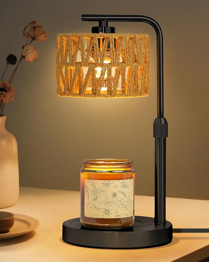 Candle Warmer Lamp, Timer Dimmable Candle Lamp, Adjustable Height and Brightness Candle Warmer, Boho Rattan Lampshade and 2 Bulbs, Suitable for Home Decor, Birthday Gifts for Women Mom (Black)