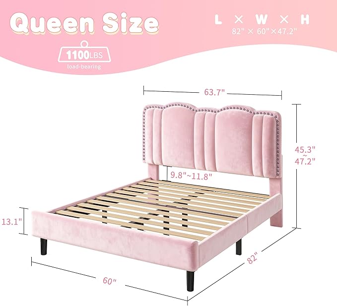 EnHomee Queen Bed Frame with LED and Velvet Headboard, Bed Frame Queen Size with Adjustable Cute Cloud Headboard, Strong Support, Noise Free, No Box Spring Needed, Easy Assembly, Pink