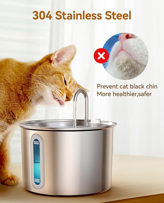 oneisall Stainless Steel Cat Water Fountain, 2L Water Fountains for Cats Indoor with Quiet Pump and 3 Replacement Filters, Pet Water Fountain Faucet Spout Design Cat Fountain Drinking Inside, PWF 001