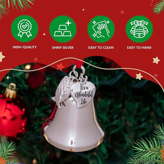 It's a Wonderful Life Inspired Christmas Angel Bell Ornament with Stainless Steel Angel Wing Charm. New Larger Size and Now Comes with 2 Interchangeable Ribbons. (Shiny Silver)