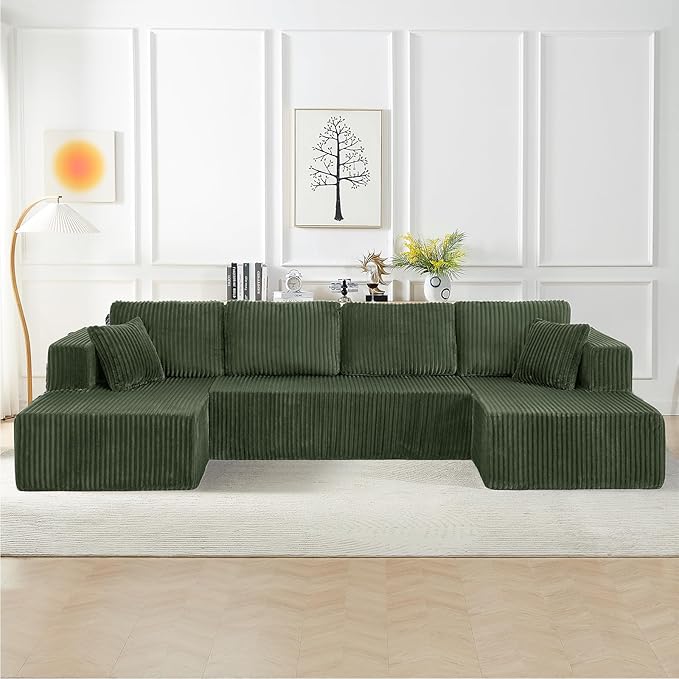 134 Inch Cloud Sectional Couch for Living Room,Corduroy Boneless Couches with L-Shape Chaise,Modern Modular Sectional Sofa with Deep Seat,No Assembly Required (Green, U-Shaped Sofa)