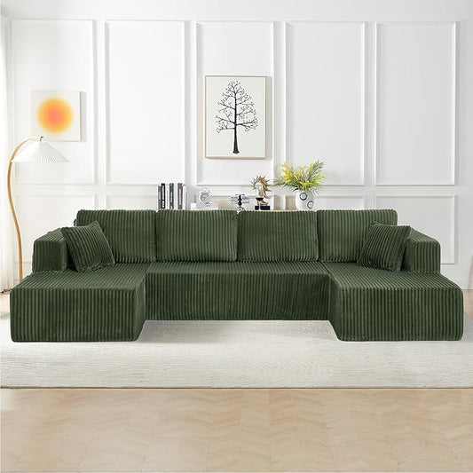 134 Inch Cloud Sectional Couch for Living Room,Corduroy Boneless Couches with L-Shape Chaise,Modern Modular Sectional Sofa with Deep Seat,No Assembly Required (Green, U-Shaped Sofa)