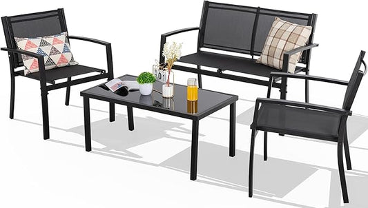 Shintenchi 4 Pieces Patio Furniture Set All Weather Textile Fabric Outdoor Conversation Set, with Glass Coffee Table, Loveseat, 2 Single Chairs for Home, Garden, Lawn, Porch（Black）
