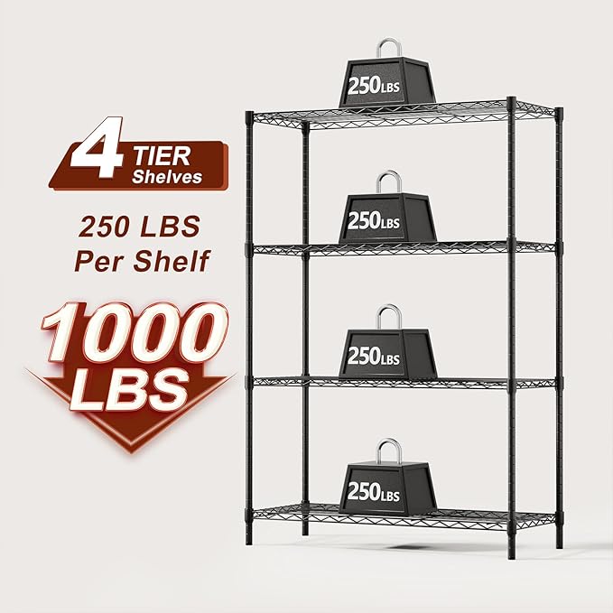 BestOffice | 4-Tier Wire Storage Shelves | 36x14x54 | Black | with Adjustable Racks | Heavy-Duty Metal Shelf, Holds Upto 1000 lbs | No-Tool Assembly | Ideal for Home & Garage Shelving