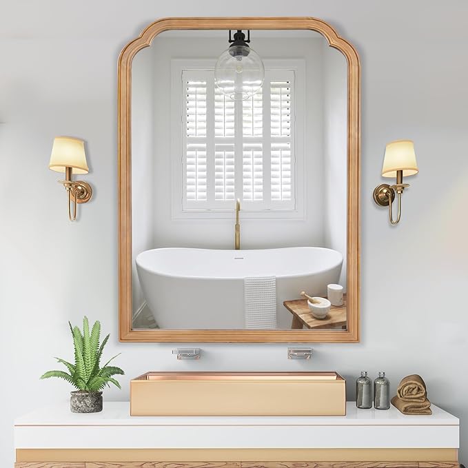 WallBeyond 30" x 40" Wood Bathroom Mirror for Wall Mounted, Rustic Rounded Corner Vanity Mirror for Entryway, Living Room or Bedroom Home Decorative [30" x 40" Natural Color]