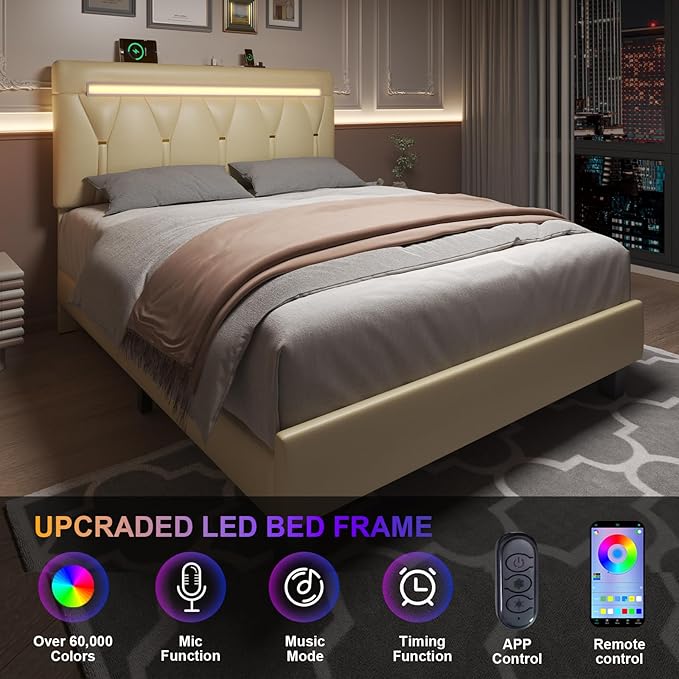 Queen Size Bed Frame with LED Lights and Charging Station, Faux Leather Linen Fabric Adjustable Headboard,Modern Upholstered Bed, Sturdy Wood Slat Support, Easy Assemble, Beige