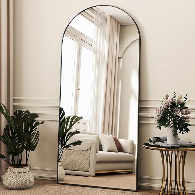 34x76 Arched Full Length Mirror Floor Mirrors with Aluminum Alloy Frame Free-Standing Wall Mounted Floor Mirrors or Large Dressing Mirror, Black Mirror Full Length