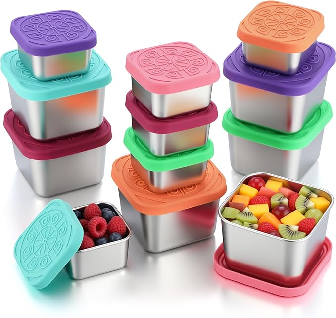 12 Pcs Stainless Steel Snack Containers 6oz & 2oz Easy Open Leak Proof Food Containers with Silicone Lids Reusable 304 Metal Food Box for School Home Picnic (Classic)