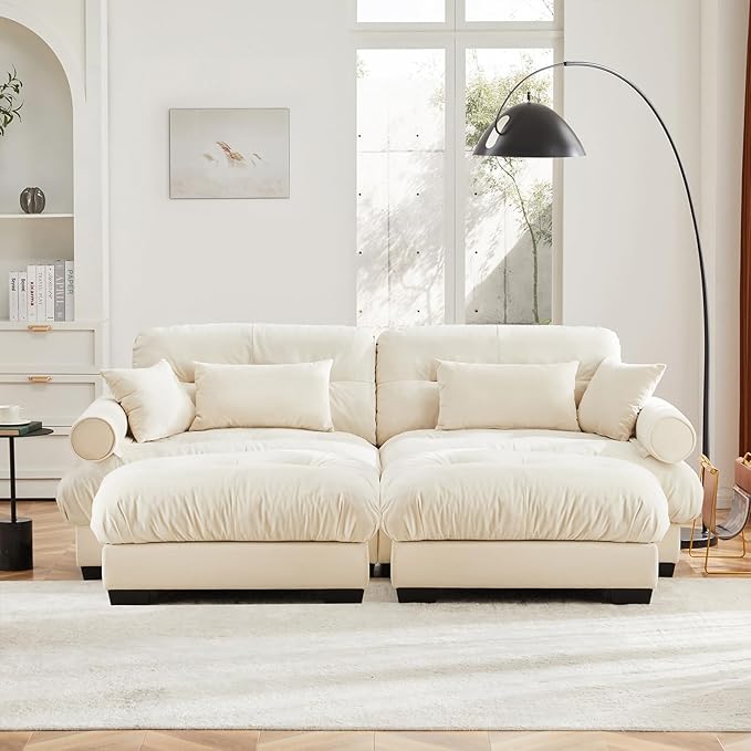 93.7" Loveseat Sofa, 2 Seater Modular Sectional Sofa, Beige White Large U Shaped Sectional Couches for Living Room, Fluffy Couch, Love Seat, Velvet Cloud Couch with Ottoman, Deep Seat for Living Home